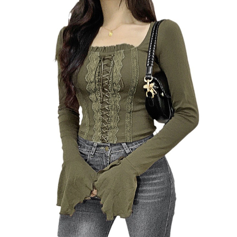 Vintage Lace Stitching Lace-up Waist-controlled Square Collar Basic All-matching Bell Sleeve Outer Wear Short Top