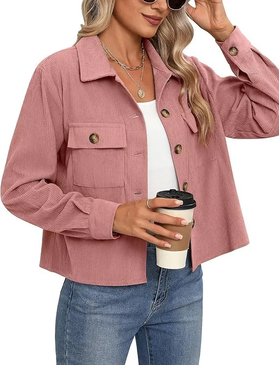 Short Corduroy Button Navel Jacket Short Coat Cross Border Light Pink - Shop at LoveMi