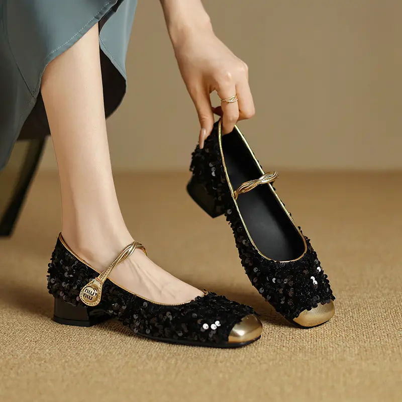 Womens Sequined Peep-toe Low-heel Mary Jane Shoes