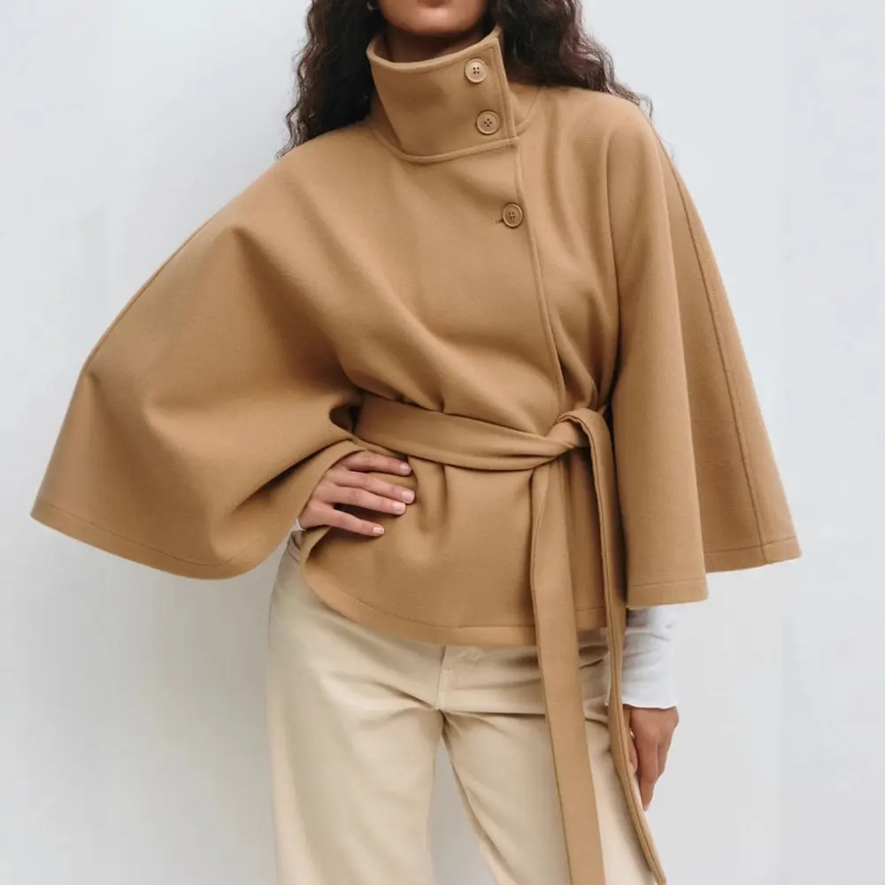 Winter High Neck Batwing Sleeve Coat with Belt Fashion