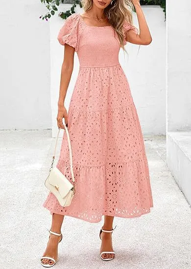 Square Collar Puff Sleeve Pleating Mesh Short Sleeve Dress - Pink