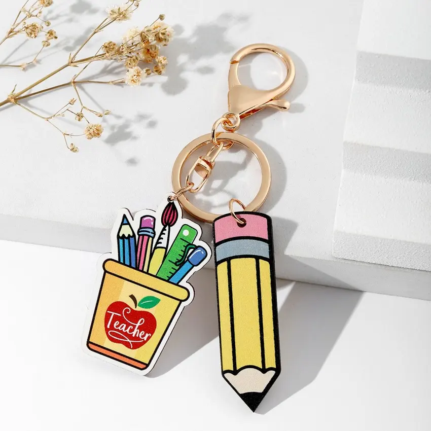 Rainbow Pencil Wooden Board Tassel Key Chain Pendant