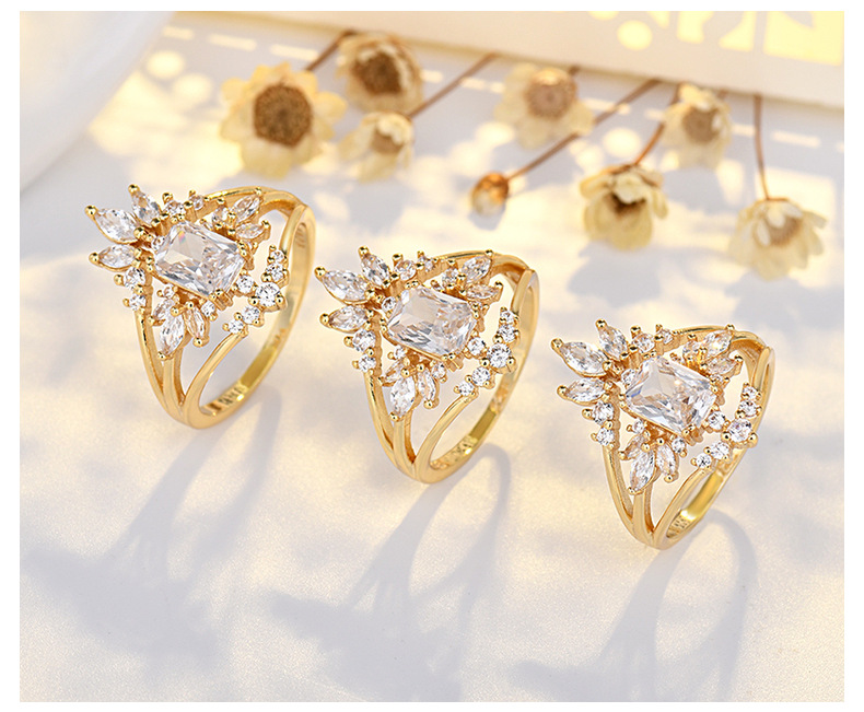 Light Luxury Zircon Water Drops Square Geometric Sterling Silver Ring Fashion Special-interest
