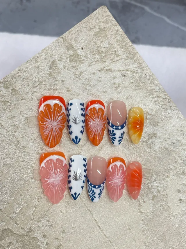Hand painted Three dimensional Grapefruit High grade Nail Dressing Hand made Almond - Shop at LoveMi
