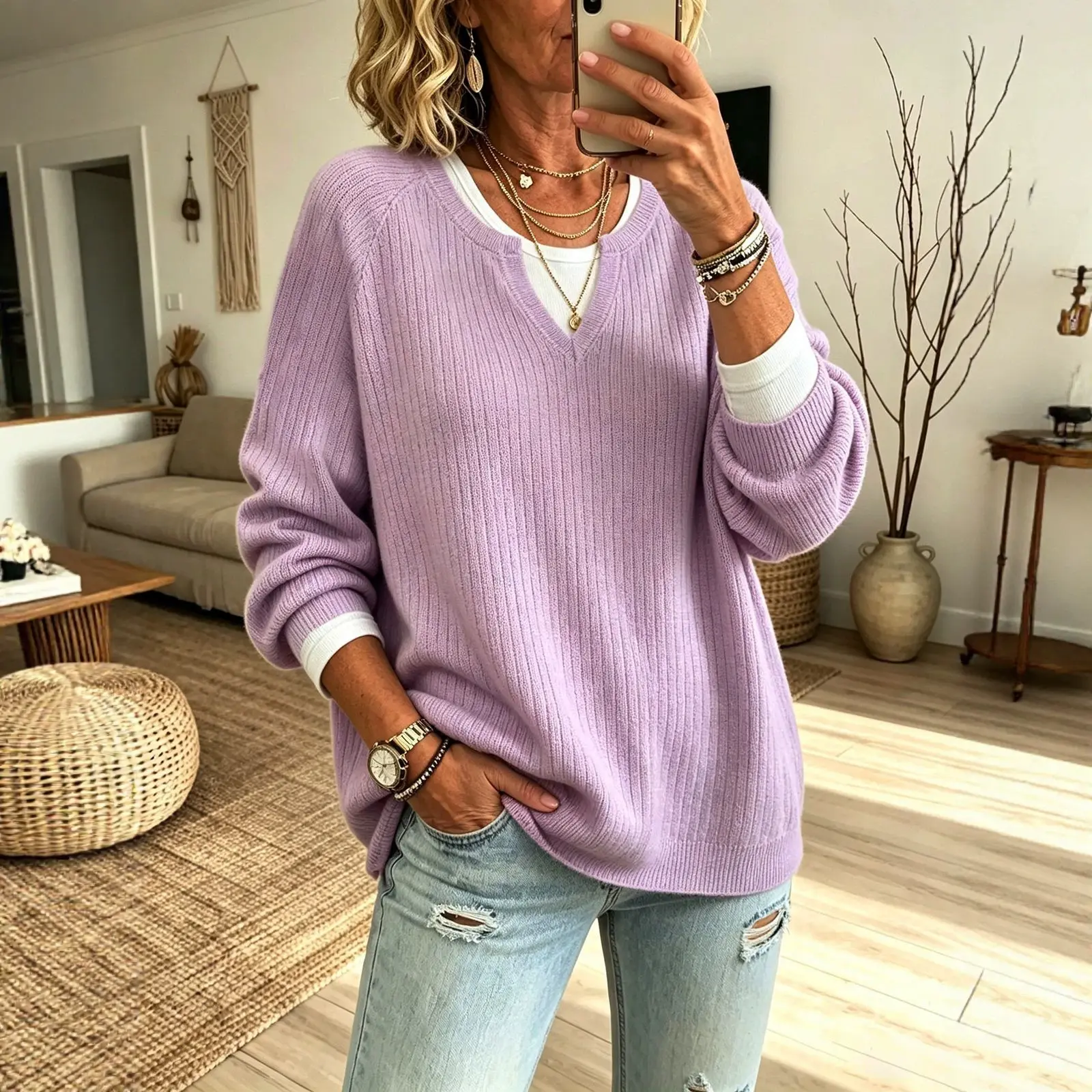 Everyday Casual Raglan-sleeve V-neck Warm Sweater