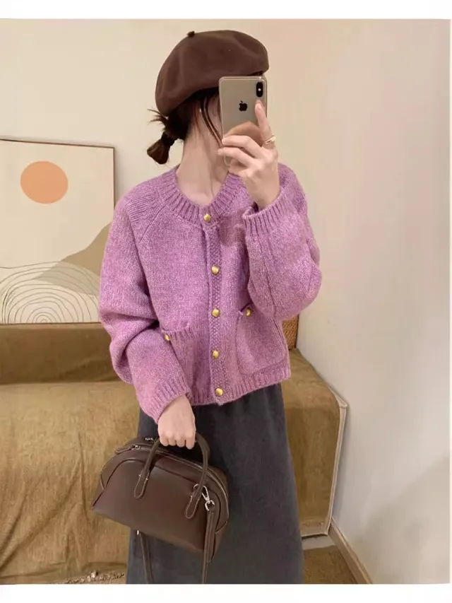Loose Cropped Sweater Coat Western Style Youthful looking Light Purple - Shop at LoveMi