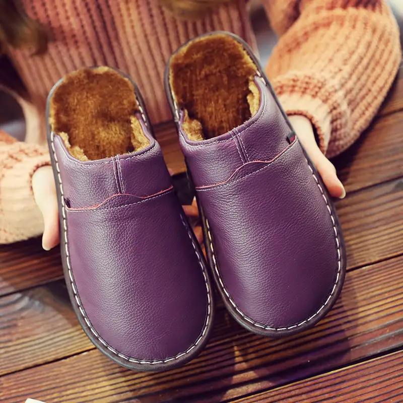 Pure Leather Thermal Cotton Slippers Couple Household Cowhide Waterproof