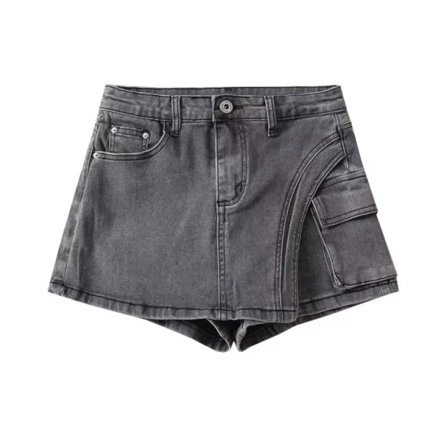Hip wrapped Denim Culotte Autumn Women's Asymmetric Hem Deep Black And Gray - Shop at LoveMi