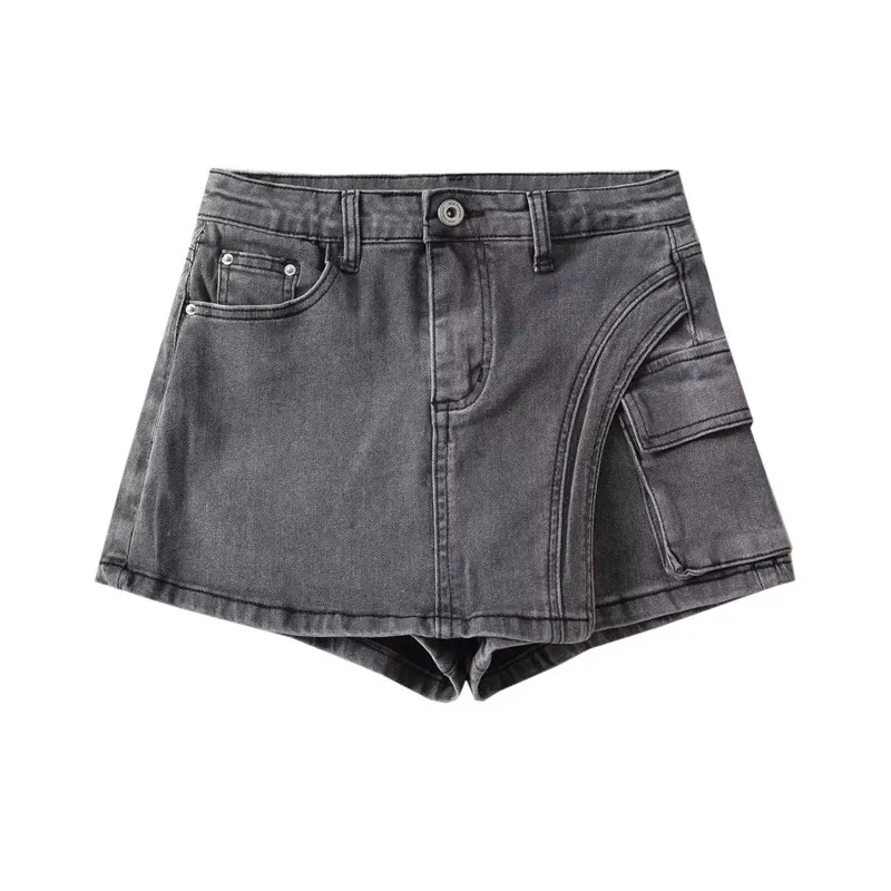 Hip-wrapped Denim Culotte Autumn Women's Asymmetric Hem - Deep Black And Gray