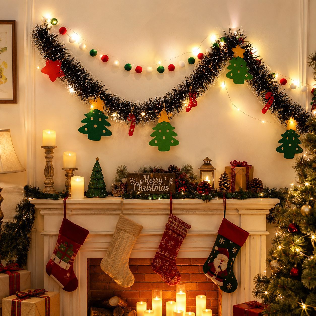 DIY Felt Christmas Ornament Light Strip (Red Bow)