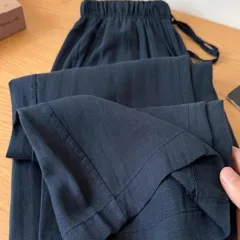 Blue Elastic Waistband Lace-up Cotton Linen Wide-leg Pants - Xxxxs - View 1