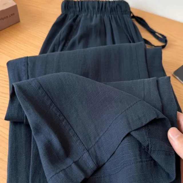 Blue Elastic Waistband Lace up Cotton Linen Wide leg Pants Xxxxs - Shop at LoveMi