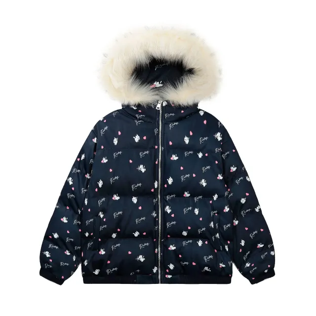 Winter New Cute Full Printed Fur Collar Hood Cotton Coat Jacket Blue - Shop at LoveMi