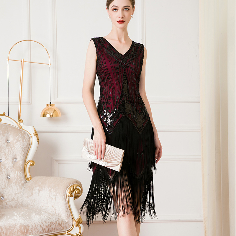 V neck Sequins Beaded Double layered Tassel Dress Wine - Shop at LoveMi