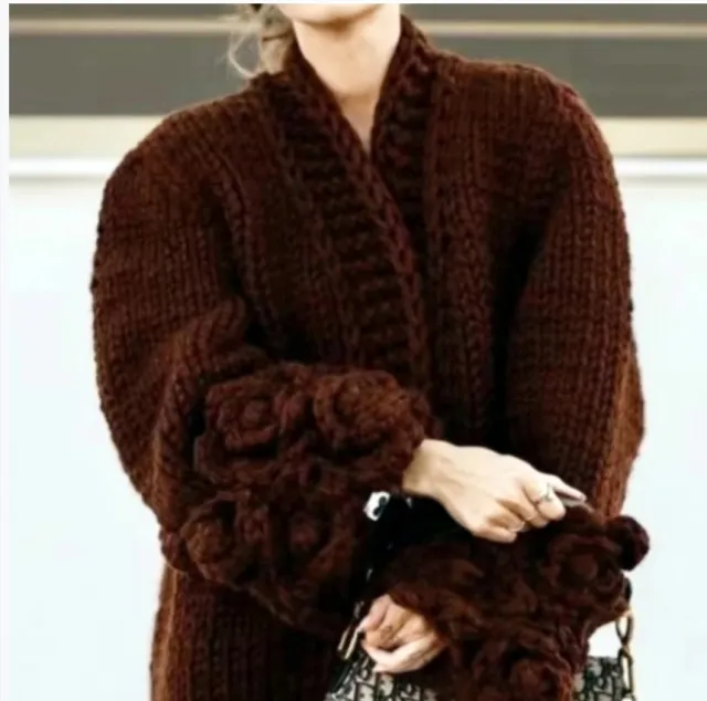 Long Sleeve Sweater Fashion Flower Sleeve Coarse Woven Knitted Cardigan Coffee - Shop at LoveMi