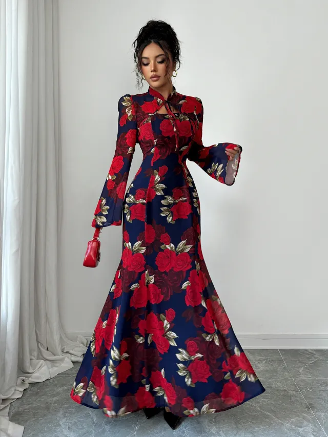 Elegant Style Printed Long sleeved Dress For Women Blue - Shop at LoveMi