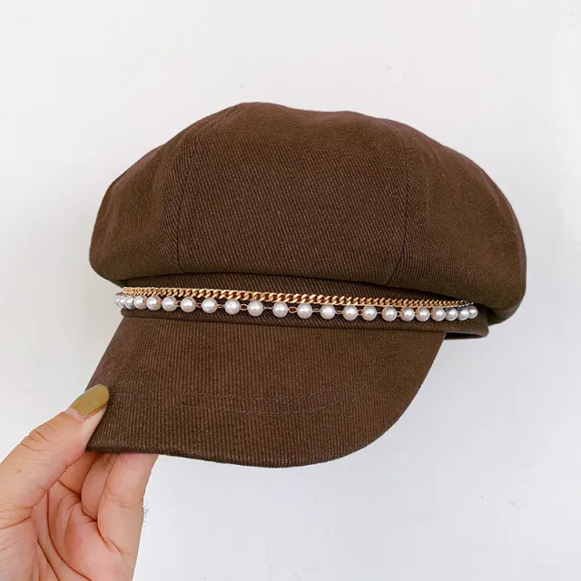 Pearl Octagonal Cap Korean Style All matching Graceful Beret Classic Style Duck Tongue Newsboy Cap Tide My166 Coffee - Shop at LoveMi