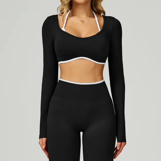 Seamless Contrast Color Yoga Long Sleeve Fake Two piece Short Version Slim Fit Yoga T shirt Hit White And Black - Shop at LoveMi