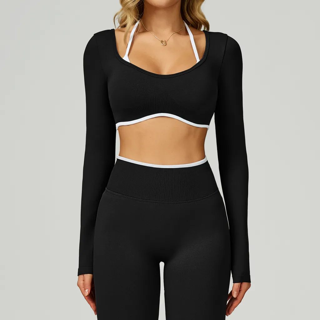 Seamless Contrast Color Yoga Long Sleeve Fake Two-piece Short Version Slim Fit Yoga T-shirt - Hit White And Black