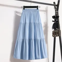 All-match Large Hem Elastic Waist Ice Silk Denim Skirt For Women - Light Blue - View 1