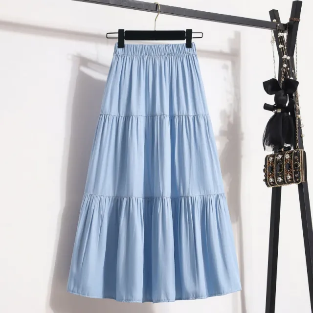 All match Large Hem Elastic Waist Ice Silk Denim Skirt For Women Light Blue - Shop at LoveMi