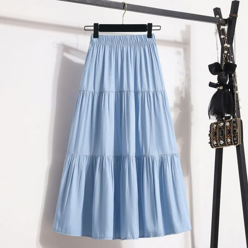All-match Large Hem Elastic Waist Ice Silk Denim Skirt For Women - Light Blue