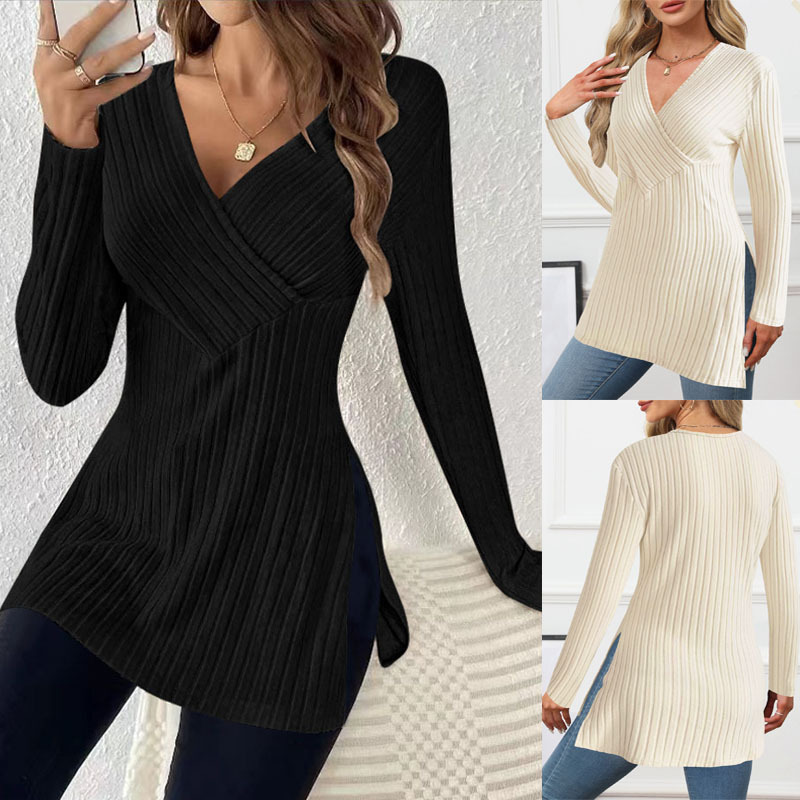 Title 7, Long Sleeve Solid Color And V-neck Leisure Paja...