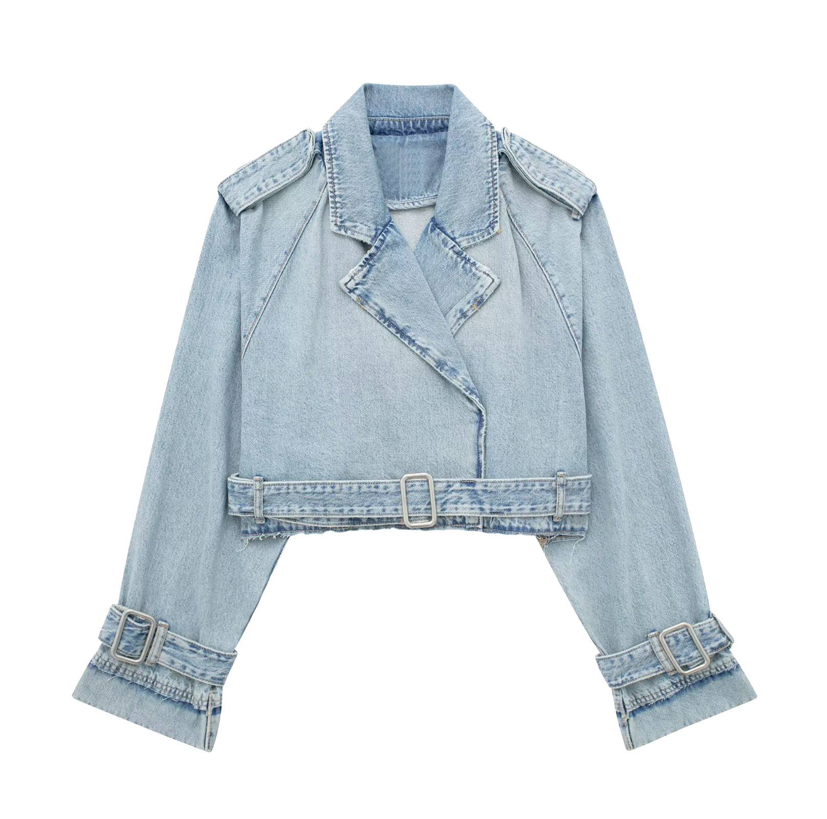 Denim Wind breaker Slim fitting Blouse French Style With Belt Coat Light Blue - Shop at LoveMi