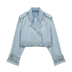 Denim Wind-breaker Slim-fitting Blouse French Style With Belt Coat - Light Blue - View 1