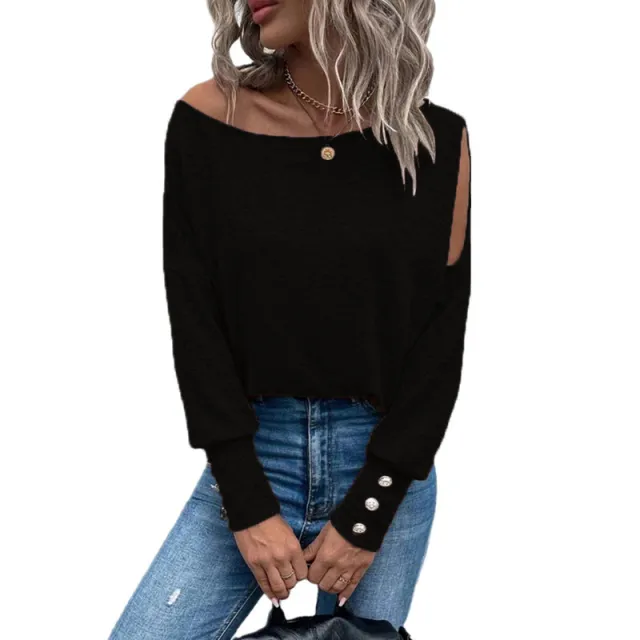 Women's Solid Color Off the shoulder Cuff And Button T shirt Black - Shop at LoveMi