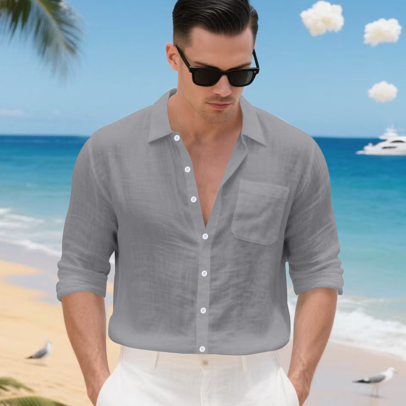 Breathable Linen Blend Solid Lapel Shirt with Long Sleeves