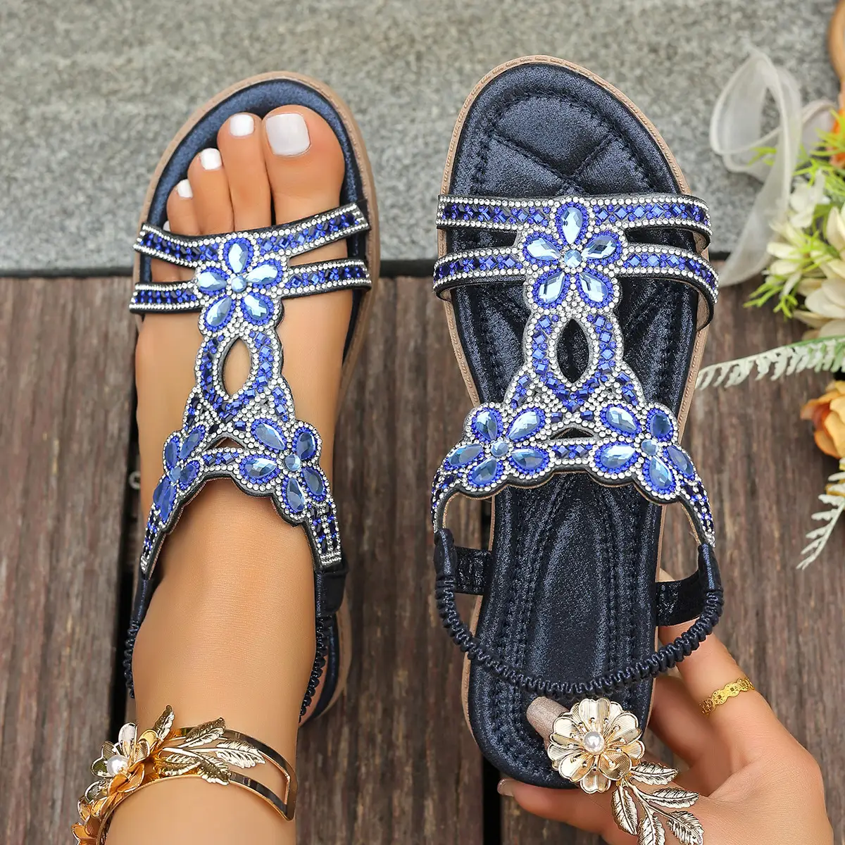 Womens Bohemian-style Flat Rhinestone Sandals