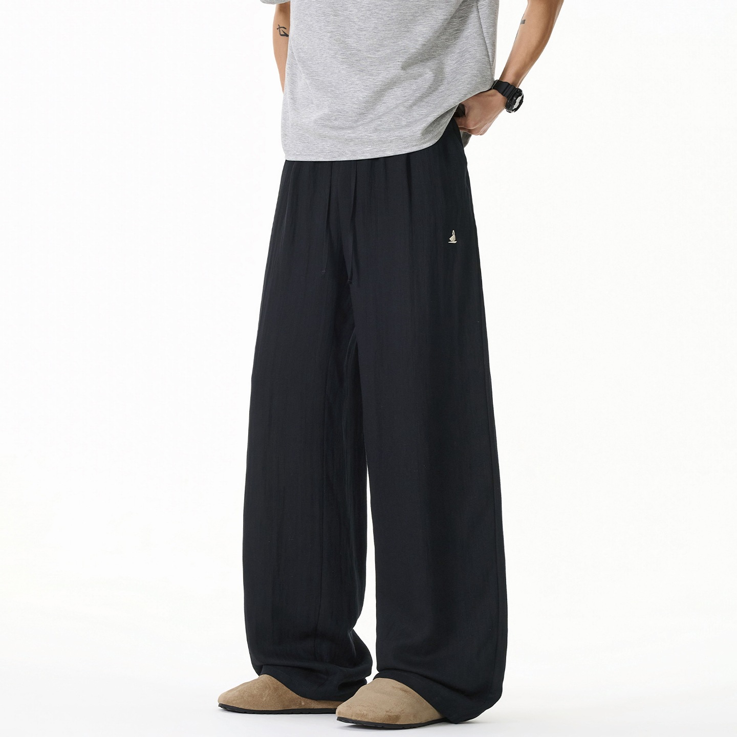Color-block Embroidery Faux-linen Drapey Casual Pants Summer Thin Long Trousers — image 1