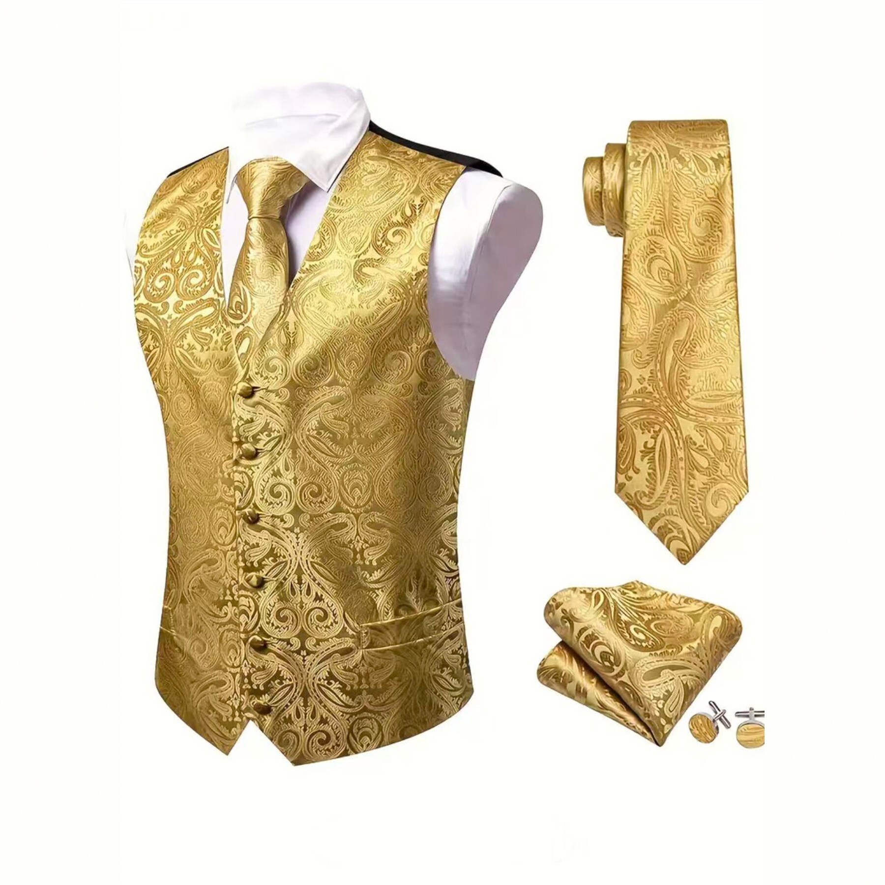 Men's Vest Set With Tie, Pocket Square, And Cufflinks Included