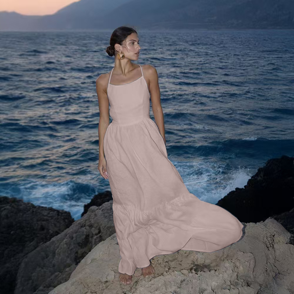 Backless Lace Up Long Skirt Waist tight Dress Peach - Shop at LoveMi