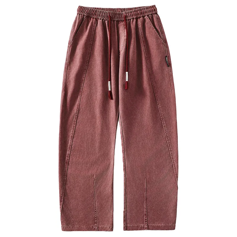 Retro Washed Distressed Drawstring Elastic Waist Jeans - Red