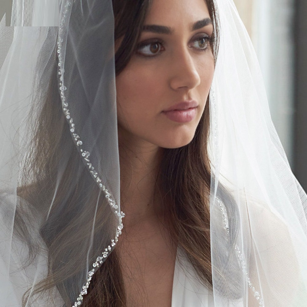 Handmade Bead Edging Single Layer Bridal Beaded Veil Long