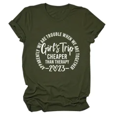 Letter Crew Neck Short Sleeve Loose Women's T-shirt - Army Green White Font - View 1
