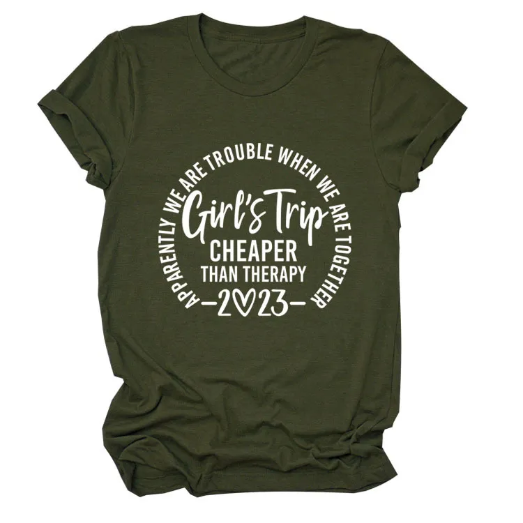 Letter Crew Neck Short Sleeve Loose Women's T-shirt - Army Green White Font