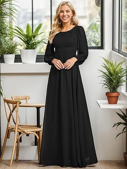 Women's Long Chiffon Evening Dress - Black