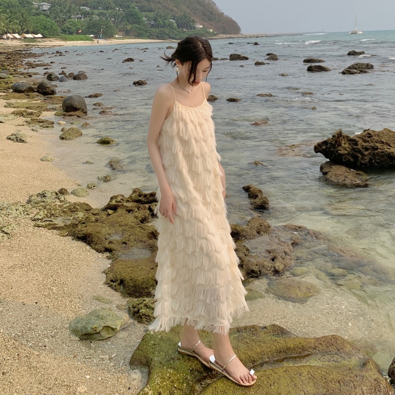 Fringed French-style Ethereal Long Beach Dress For Seaside Vacations