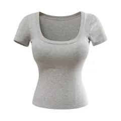 Women's U-neck Stretch Slim-fit Short-sleeved T-shirt - Light Gray - View 1