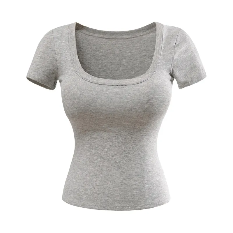 Women's U-neck Stretch Slim-fit Short-sleeved T-shirt - Light Gray