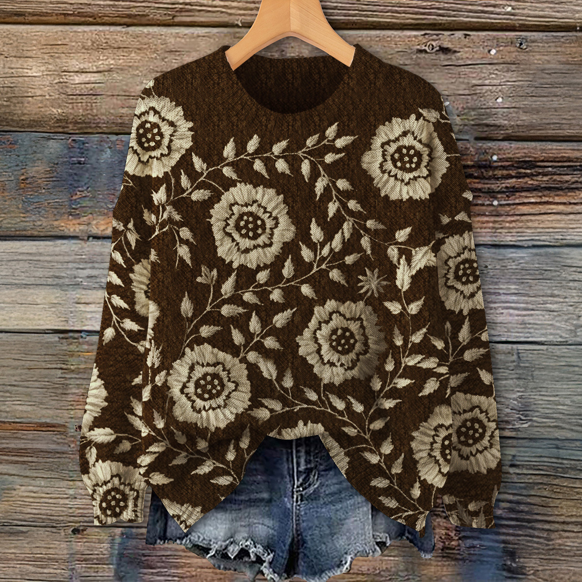 Simple Three-dimensional Flower Loose Knitted Round Neck Top