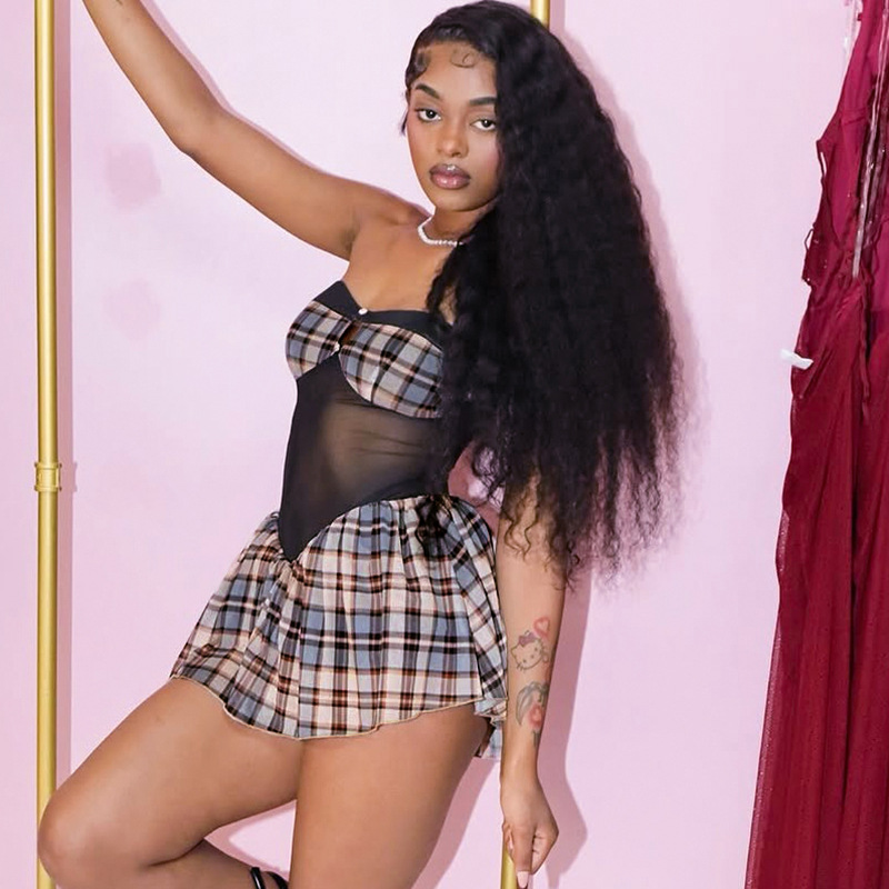 Fashion Women's Wear Retro Plaid Off-shoulder Dress