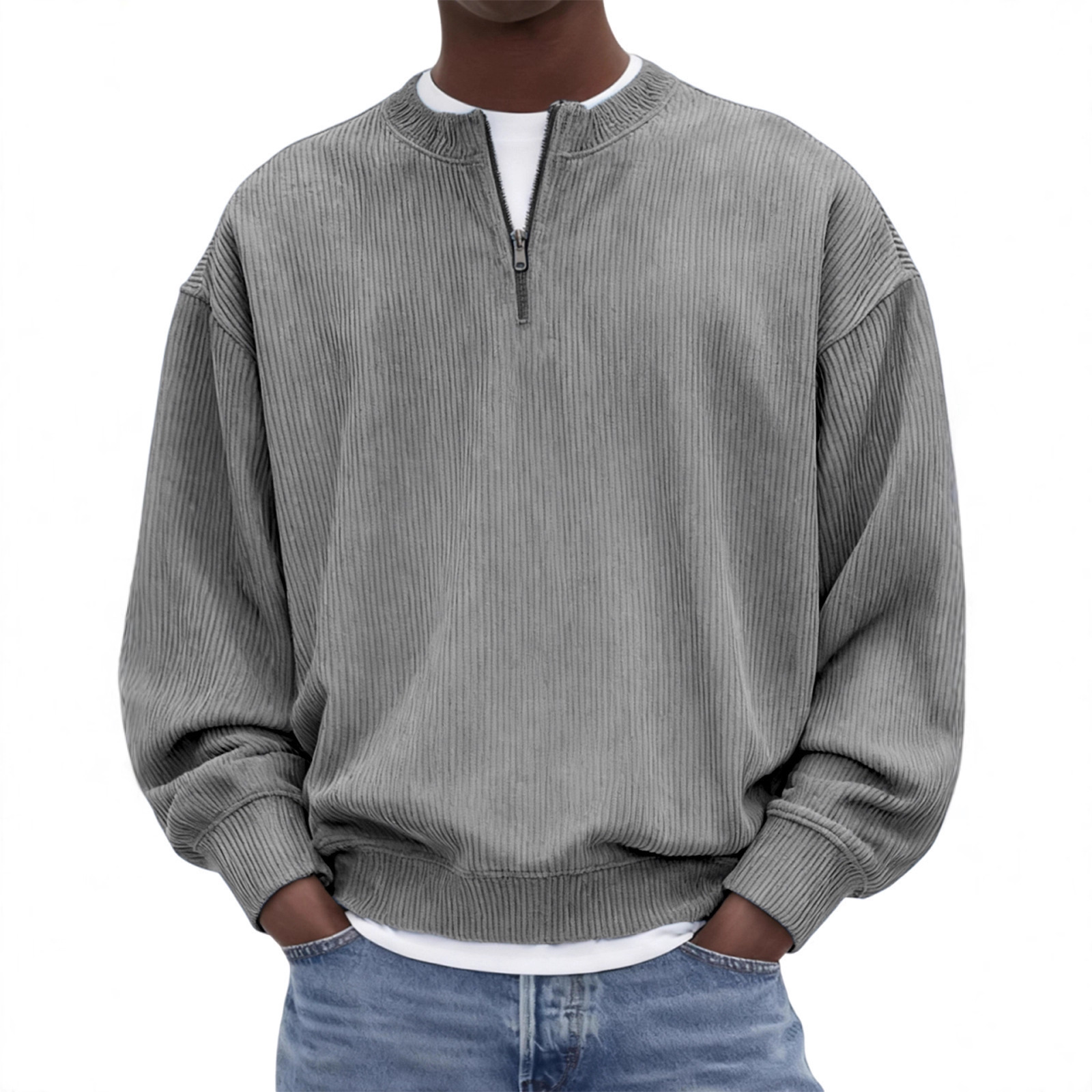 Casual Mens Long-sleeve Corduroy Top With A Stand-up Collar And A Half-zip