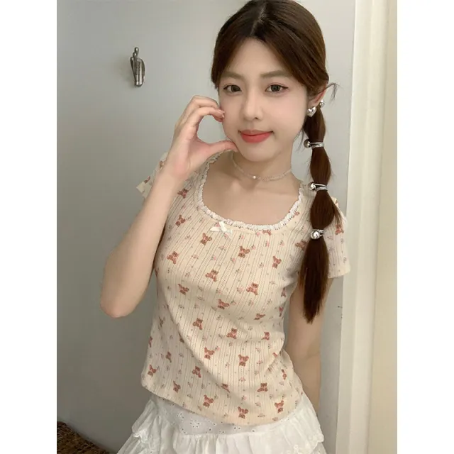 U Collar Lace Short sleeved T shirt Slim fit Floral Top Floral - Shop at LoveMi