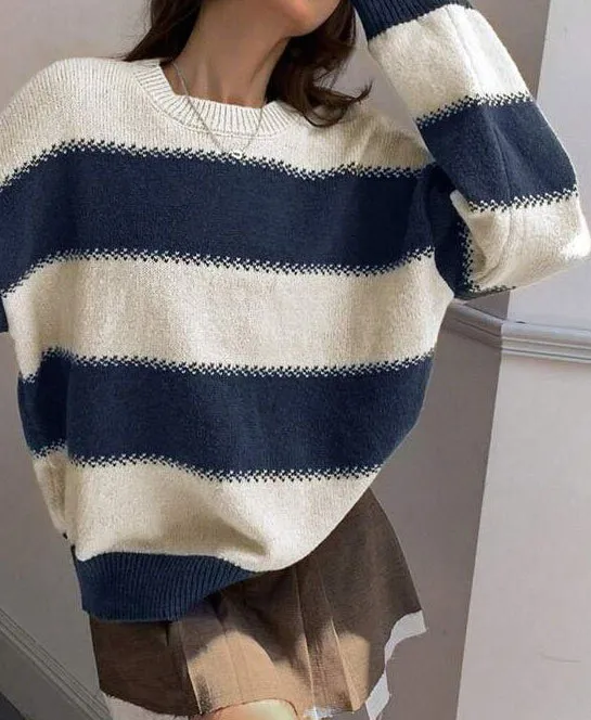 Idle Style Striped Contrast Color Autumn Round Neck Pullover Dinified Sweater Blue - Shop at LoveMi