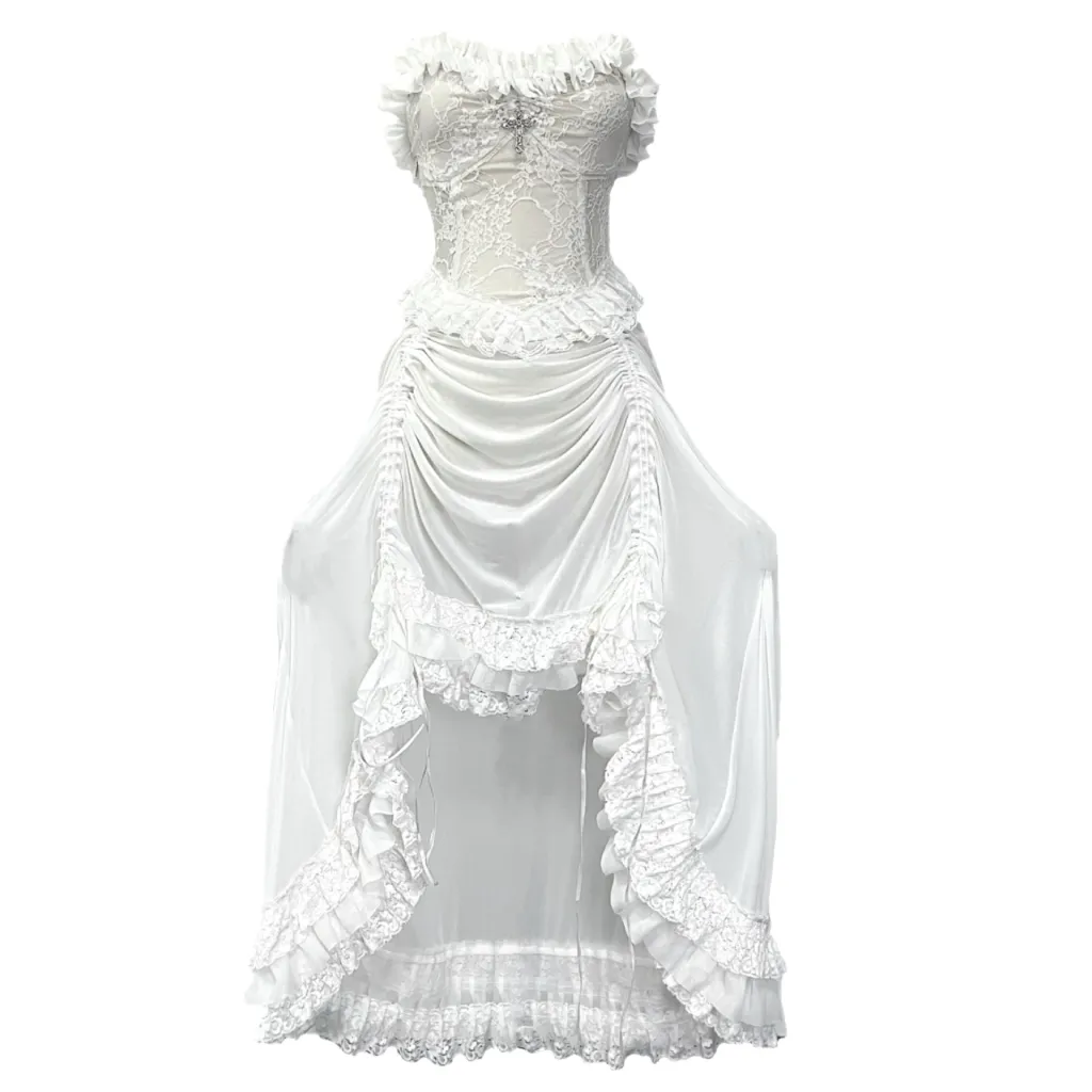 God's Redemption White Gothic Drawstring Mesh Dark Strap Dress Summer - White