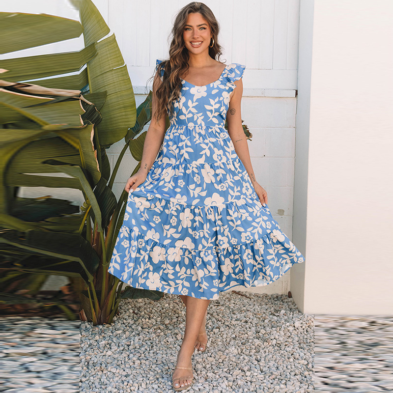 European And American Fashion Floral Print U-collar Dress